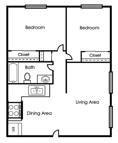 A floor plan of a small apartment with two bedrooms, a living area, a dining area, and a bathroom.